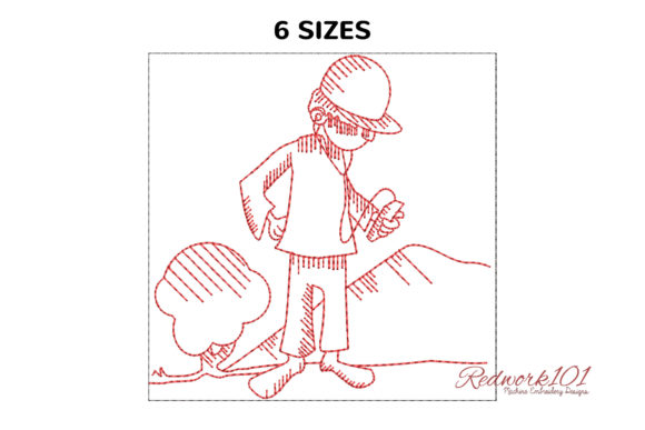 Cartoon Boy Listening Music Redwork: A Versatile Design